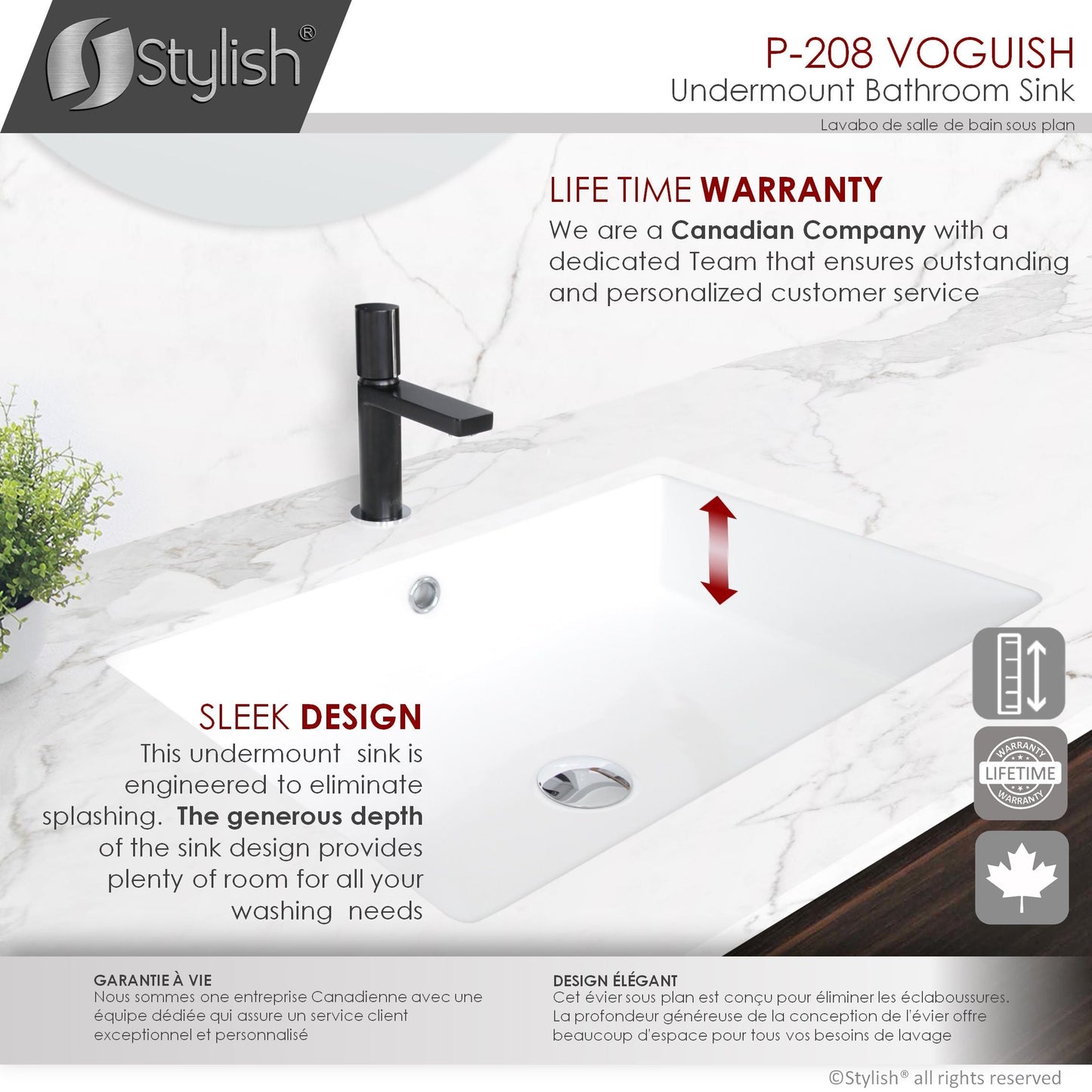 Stylish Voguish 24" x 16" Rectangular Undermount Ceramic Bathroom Sink with 2 Overflow Finishes P-208