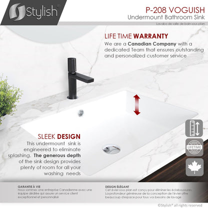 Stylish Voguish 24" x 16" Rectangular Undermount Ceramic Bathroom Sink with 2 Overflow Finishes P-208