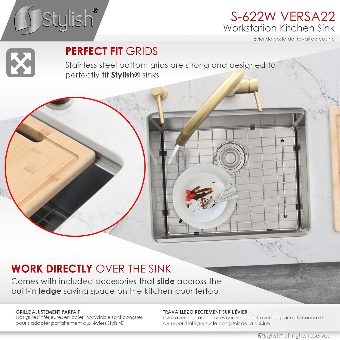 Stylish Versa22 22" x 19" Workstation Single Bowl Undermount 16 Gauge Stainless Steel Kitchen Sink with Built in Accessories S-622W