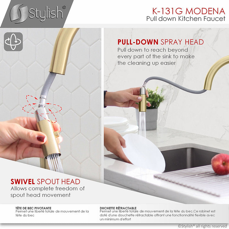 Stylish Modena 14" Kitchen Faucet Single Handle Pull Down Dual Mode Stainless Steel Gold Finish K-131G