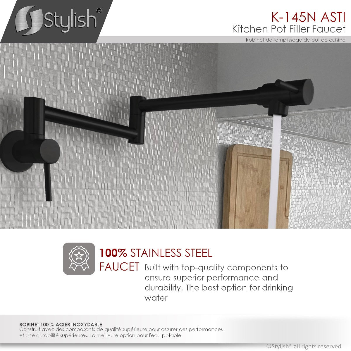 Stylish ANTI Stainless Steel Wall Mount Pot Filler Folding Stretchable with Single Hole Two Handles - Matte Black Finish K-145N