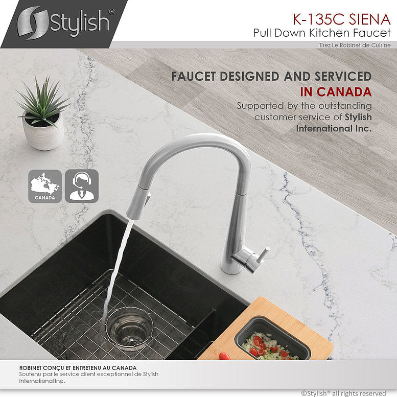 Stylish Siena Kitchen Faucet Single Handle Pull Down Dual Mode Stainless Steel Polished Chrome Finish K-135C