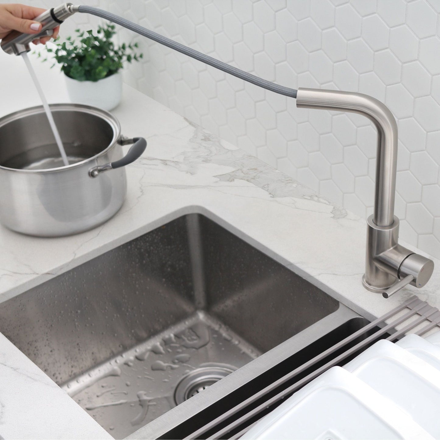 Stylish Venezia 12" Kitchen Faucet Single Handle Pull Down Dual Mode Stainless Steel, Brushed Finish K-130S