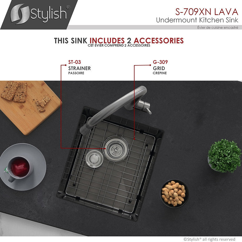 Stylish Lava 16" x 18" Graphite Black Single Bowl Undermount Stainless Steel Kitchen Sink With Grid and Basket Strainer, S-709XN