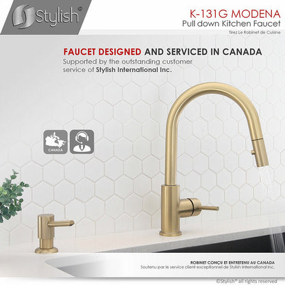Stylish Modena 14" Kitchen Faucet Single Handle Pull Down Dual Mode Stainless Steel Gold Finish K-131G