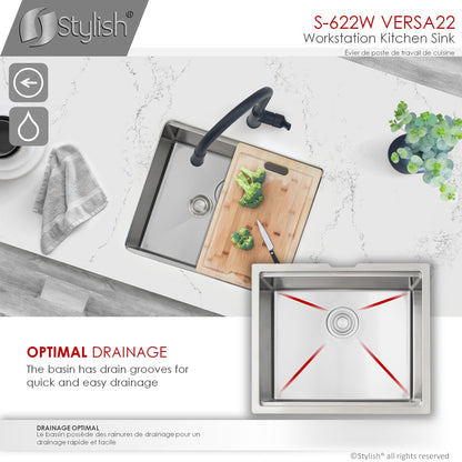 Stylish Versa22 22" x 19" Workstation Single Bowl Undermount 16 Gauge Stainless Steel Kitchen Sink with Built in Accessories S-622W