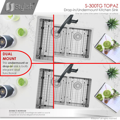 Stylish TOPAZ 28" x 18" Dual Mount Double Bowl Kitchen Sink, 18 Gauge Stainless Steel with Grids and Basket Strainers, S-300TG