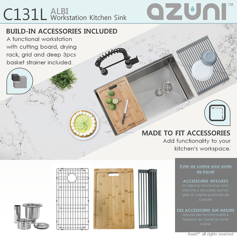 Stylish Azuni Albi 30" x 19" Reversible Undermount Workstation Single Bowl Kitchen Sink C131L