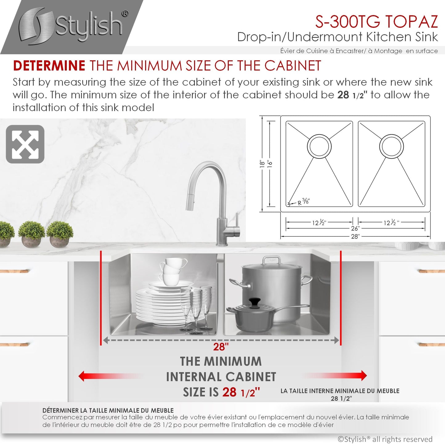 Stylish TOPAZ 28" x 18" Dual Mount Double Bowl Kitchen Sink, 18 Gauge Stainless Steel with Grids and Basket Strainers, S-300TG