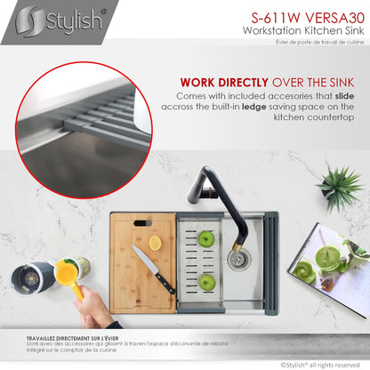 Stylish Versa30 30" x 19" Workstation Single Bowl Undermount 16 Gauge Stainless Steel Kitchen Sink with Built in Accessories S-611W