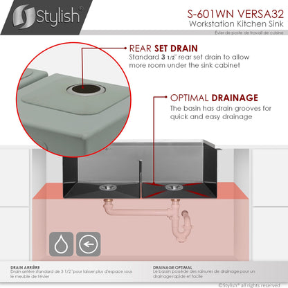 Stylish VERSA32 32" x 19" Graphite Black Workstation Double Bowl Undermount 16 Gauge Stainless Steel Kitchen Sink with Built in Accessories, S-601WN