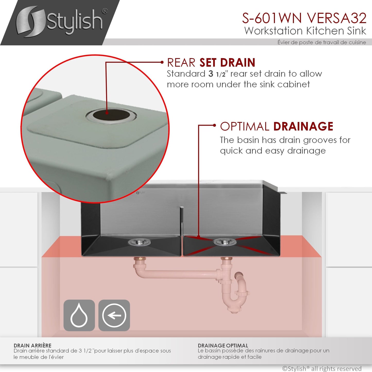 Stylish VERSA32 32" x 19" Graphite Black Workstation Double Bowl Undermount 16 Gauge Stainless Steel Kitchen Sink with Built in Accessories, S-601WN