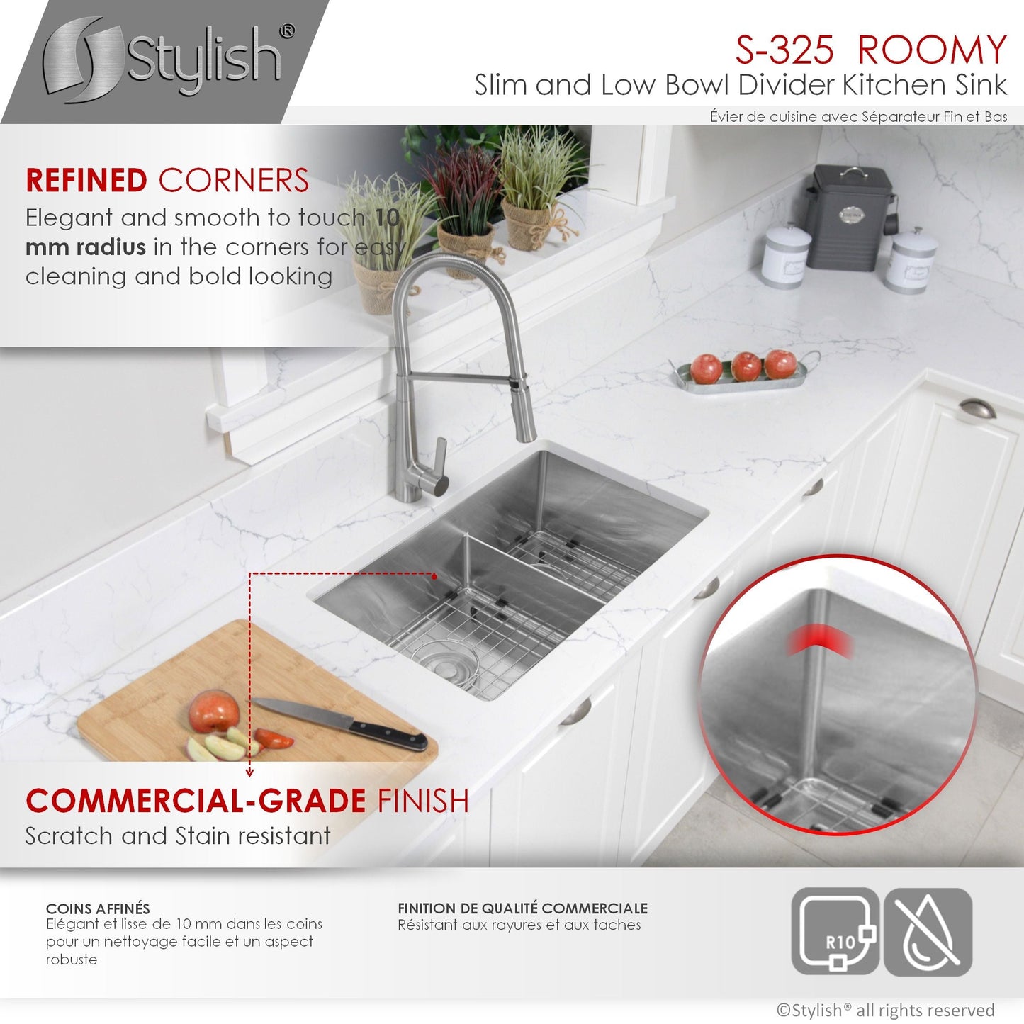 Stylish Roomy 32" x 18" Low Divider 60-40 Double Bowl Undermount Stainless Steel Kitchen Sink S-325XG