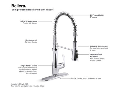 Kohler Bellera Single Handle Semi Professional Kitchen Sink Faucet- Vibrant Stainless
