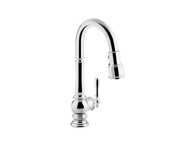 Kohler Artifacts Single Hole Kitchen Sink Faucet With 16" Pull Down Spout and Turned Lever Handle- Polished Chrome
