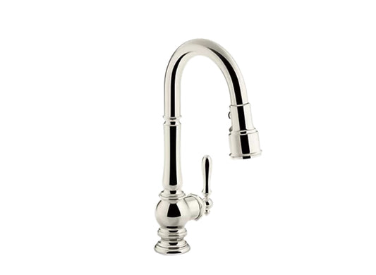 Kohler Artifacts Single Hole Kitchen Sink Faucet With 16" Pull Down Spout and Turned Lever Handle- Vibrant Polished Nickel