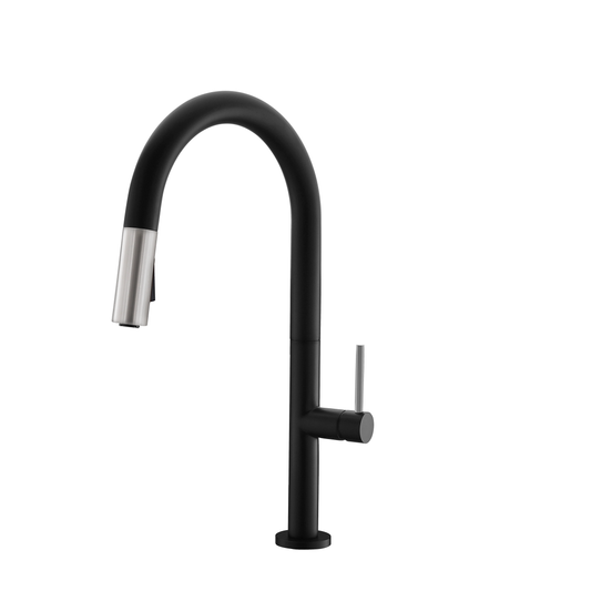 Stylish Catania 17.25" Kitchen Faucet Single Handle Pull Down Dual Mode Lead Free Matte Black with Silver Head and Handle Finish K-141NS