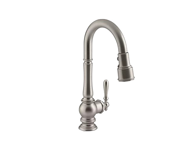 Kohler Artifacts Single Hole Kitchen Sink Faucet With 16" Pull Down Spout and Turned Lever Handle- Vibrant Stainless