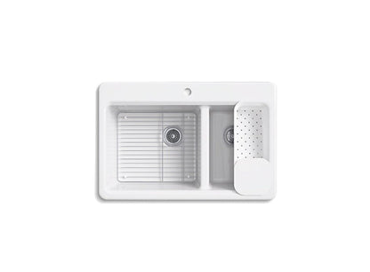 Kohler Riverby 33" x 22" x 9-5/8" Top-mount Large Medium Double Bowl Workstation Kitchen Sink With Accessories and Single Faucet Hole