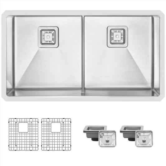 Stylish Spazio 33" x 18" Slim Low Divider Double Bowl Undermount Stainless Steel Kitchen Sink S-501XG