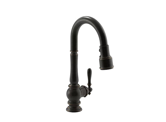 Kohler Artifacts Single Hole Kitchen Sink Faucet With 16" Pull Down Spout and Turned Lever Handle- Oil Rubbed Bronze