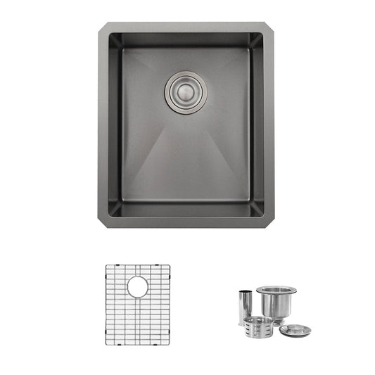 Stylish Lava 16" x 18" Graphite Black Single Bowl Undermount Stainless Steel Kitchen Sink With Grid and Basket Strainer, S-709XN