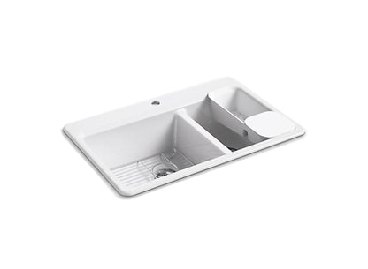Kohler Riverby 33" x 22" x 9-5/8" Top-mount Large Medium Double Bowl Workstation Kitchen Sink With Accessories and Single Faucet Hole