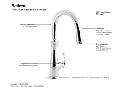Kohler Bellera Single Hole or Three Hole Kitchen Sink Faucet With Pull Down 16-3/4" Spout and Right Hand Lever Handle- Chrome