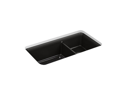 Kohler Cairn 33-1/2" x 18-5/16" x 10-1/8" Neoroc Undermount Double Bowl Large/Medium Kitchen Sink With Rack - Matte Black