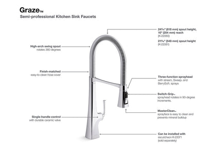 Kohler Graze 21" Single Handle Semi Professional Kitchen Faucet With 21-9/16" Spout Vibrant Brushed Brass