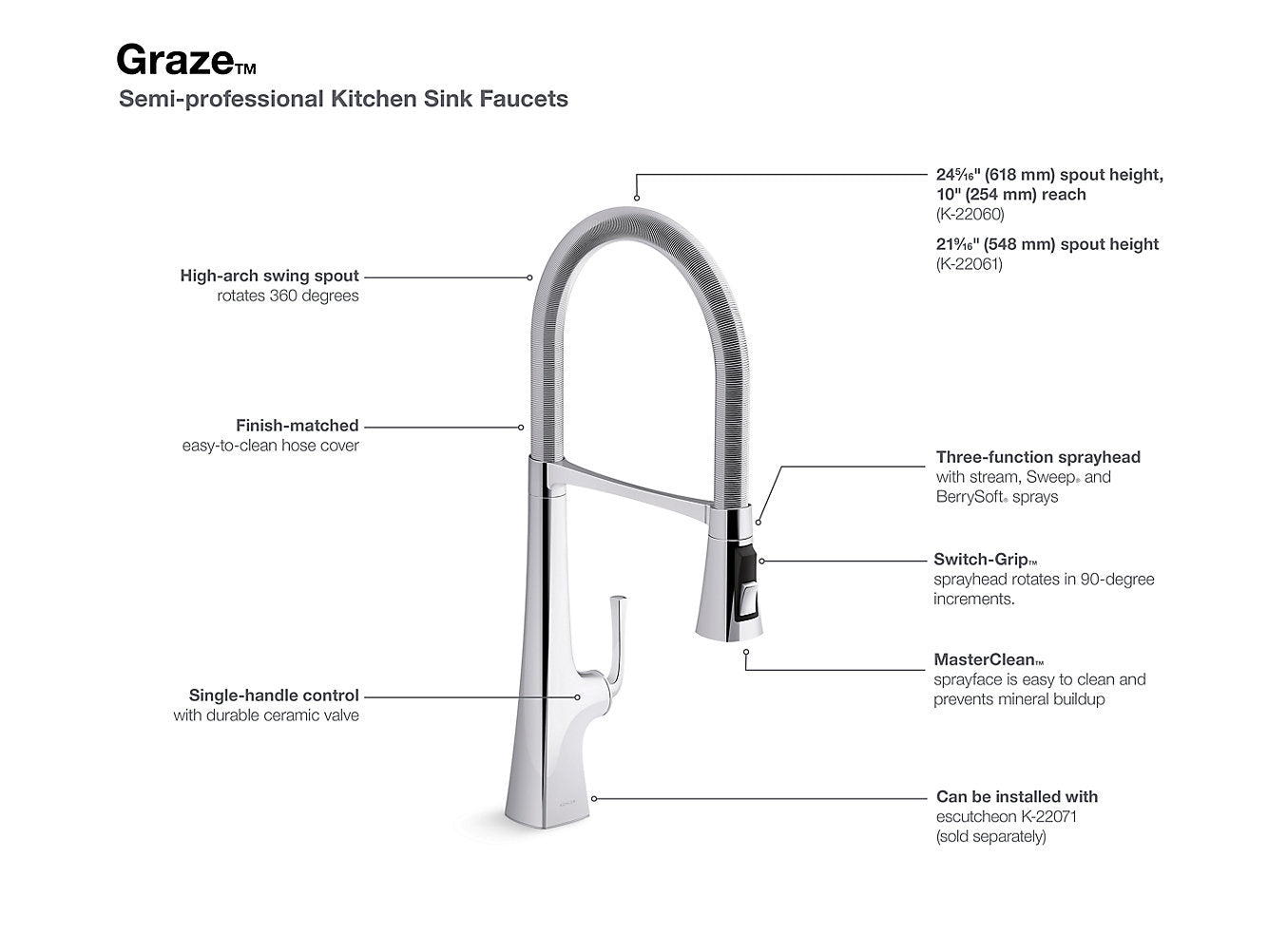 Kohler Graze 24" Single Handle Semi Professional Kitchen Faucet With 24-5/16" Spout Vibrant Brushed Brass