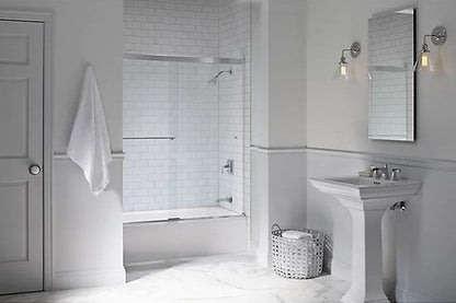 Kohler Revel Sliding Bath Door, 55-1/2" H X 56-5/8 - 59-5/8" W, With 1/4" Thick Crystal Clear Glass