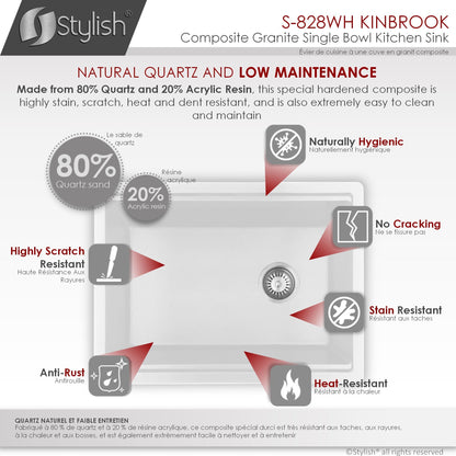 Stylish Kinbrook 28" x 18" Dual Mount Workstation Single Bowl White Composite Granite Kitchen Sink with Built in Accessories