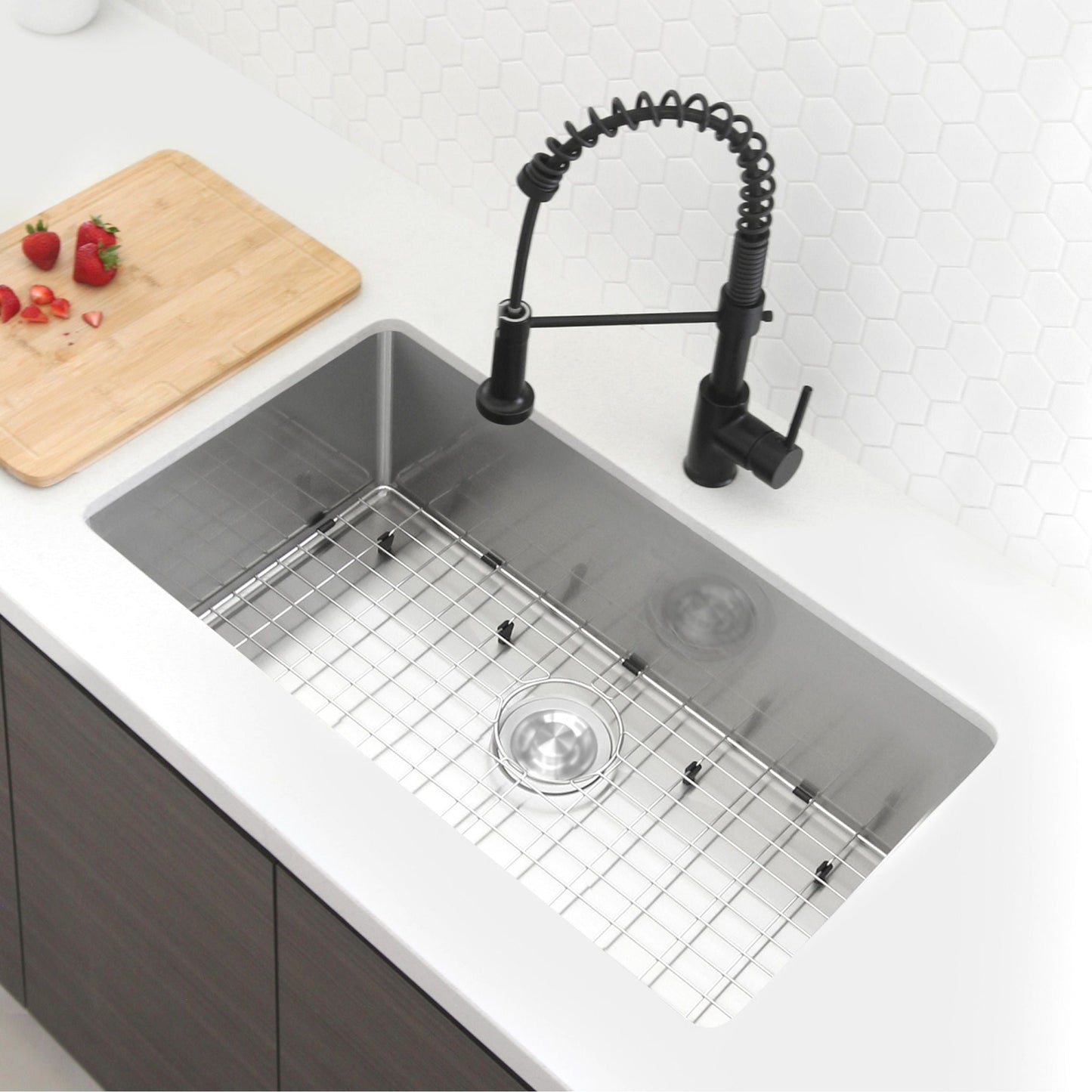 Stylish Ruby 32" x 18" Single Bowl Kitchen Sink, 16 Gauge Stainless Steel with Grid and Basket Strainer, S-323XG