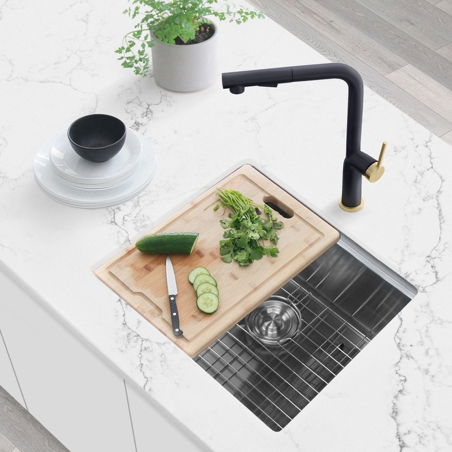Stylish Versa22 22" x 19" Workstation Single Bowl Undermount 16 Gauge Stainless Steel Kitchen Sink with Built in Accessories S-622W