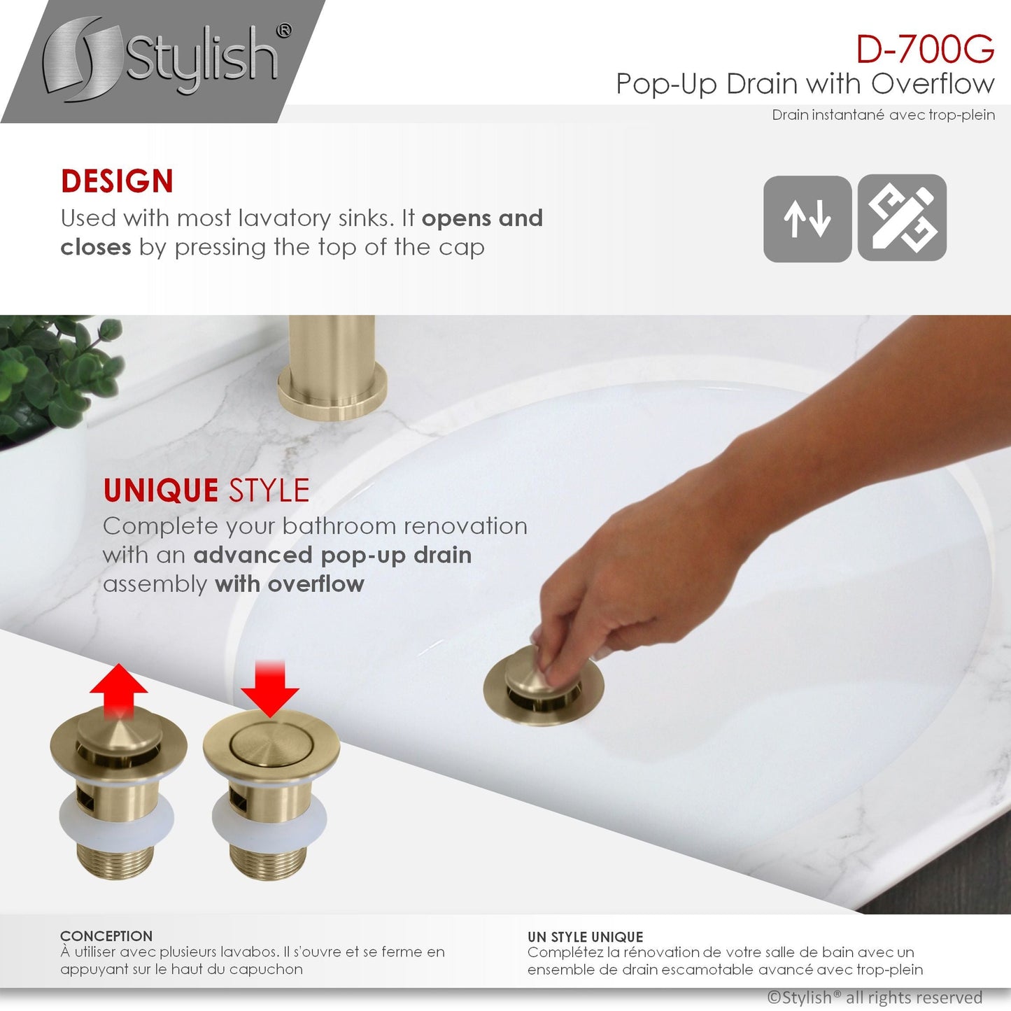 Stylish Stainless Steel Bathroom Sink Pop-Up Drain with Overflow D-700G