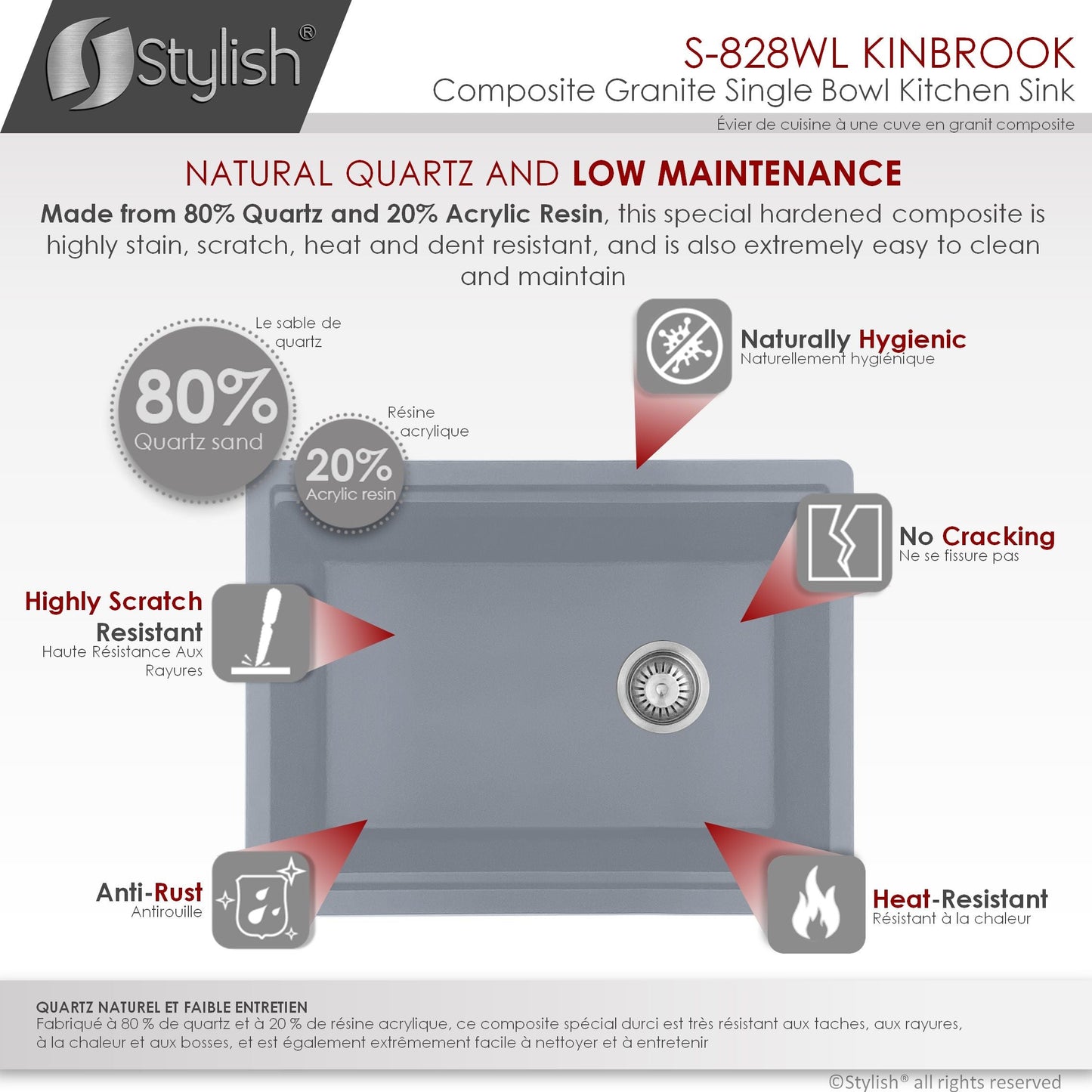 Stylish Kinbrook 28" x 18" Dual Mount Workstation Single Bowl Gray Composite Granite Kitchen Sink with Built in Accessories