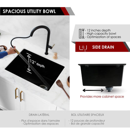 Stylish Black Dual Mount Single Bowl Composite Granite Laundry Sink With Strainer