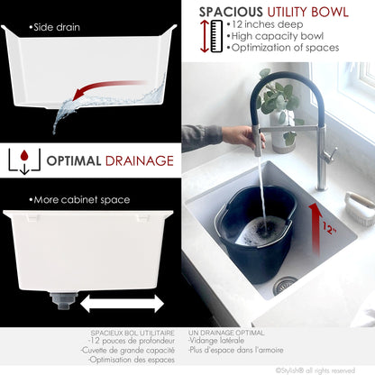 Stylish White Dual Mount Single Bowl Composite Granite Laundry Sink With Strainer