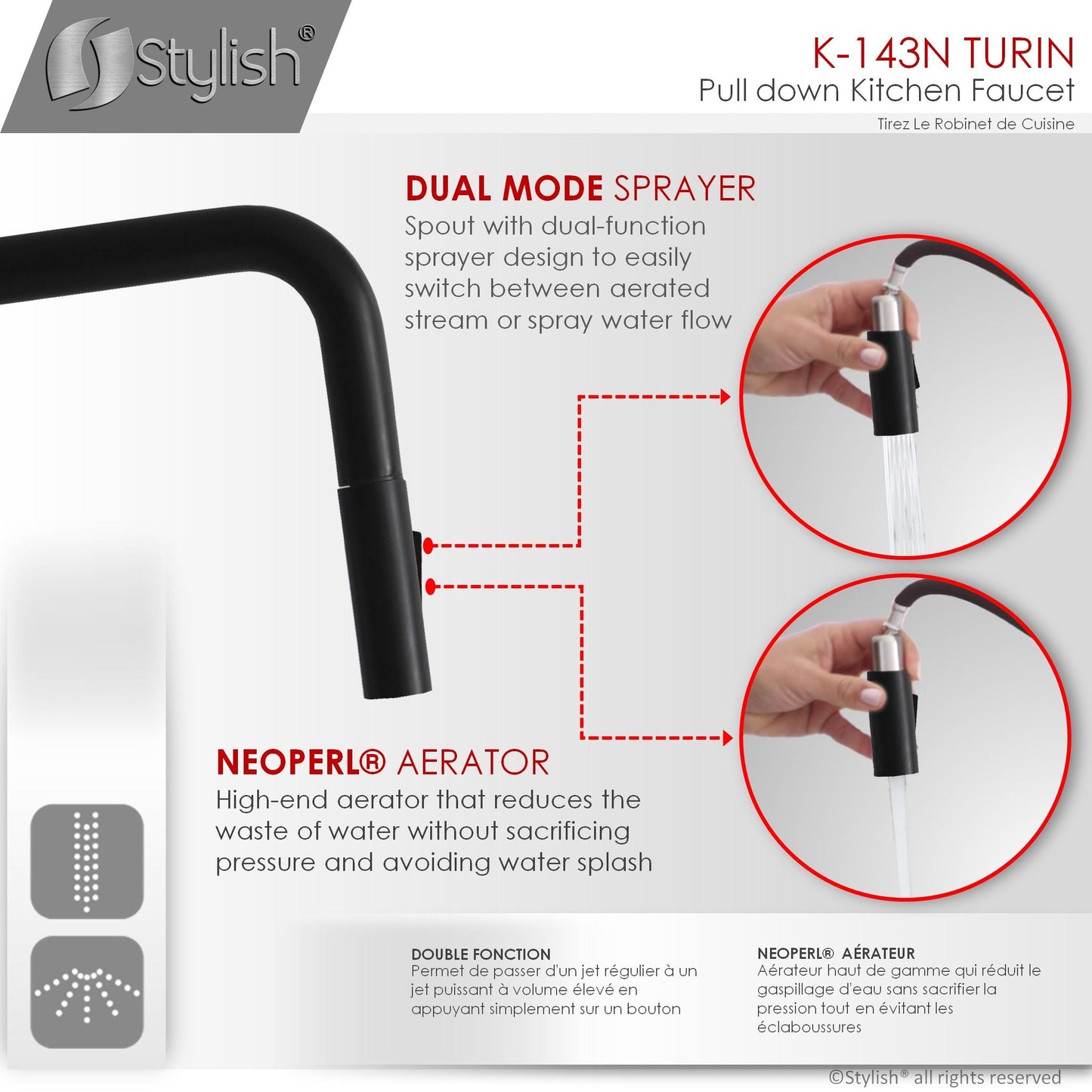 Stylish Turin 17" Kitchen Faucet Single Handle Pull Down Dual Mode Lead Free Matte Black K-143N