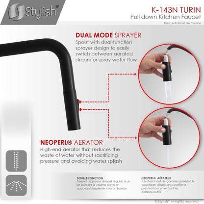 Stylish Turin 17" Kitchen Faucet Single Handle Pull Down Dual Mode Lead Free Matte Black K-143N