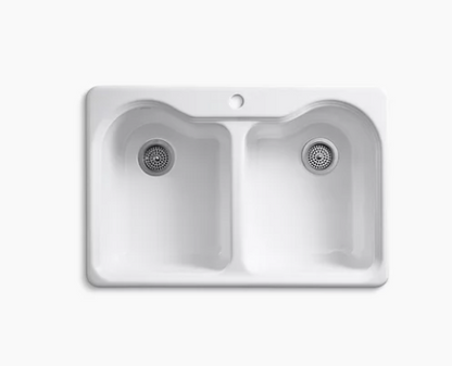 Kohler Hartland 33" X 22" X 9-5/8" Top-mount Double-equal Kitchen Sink With Single Faucet Hole - White