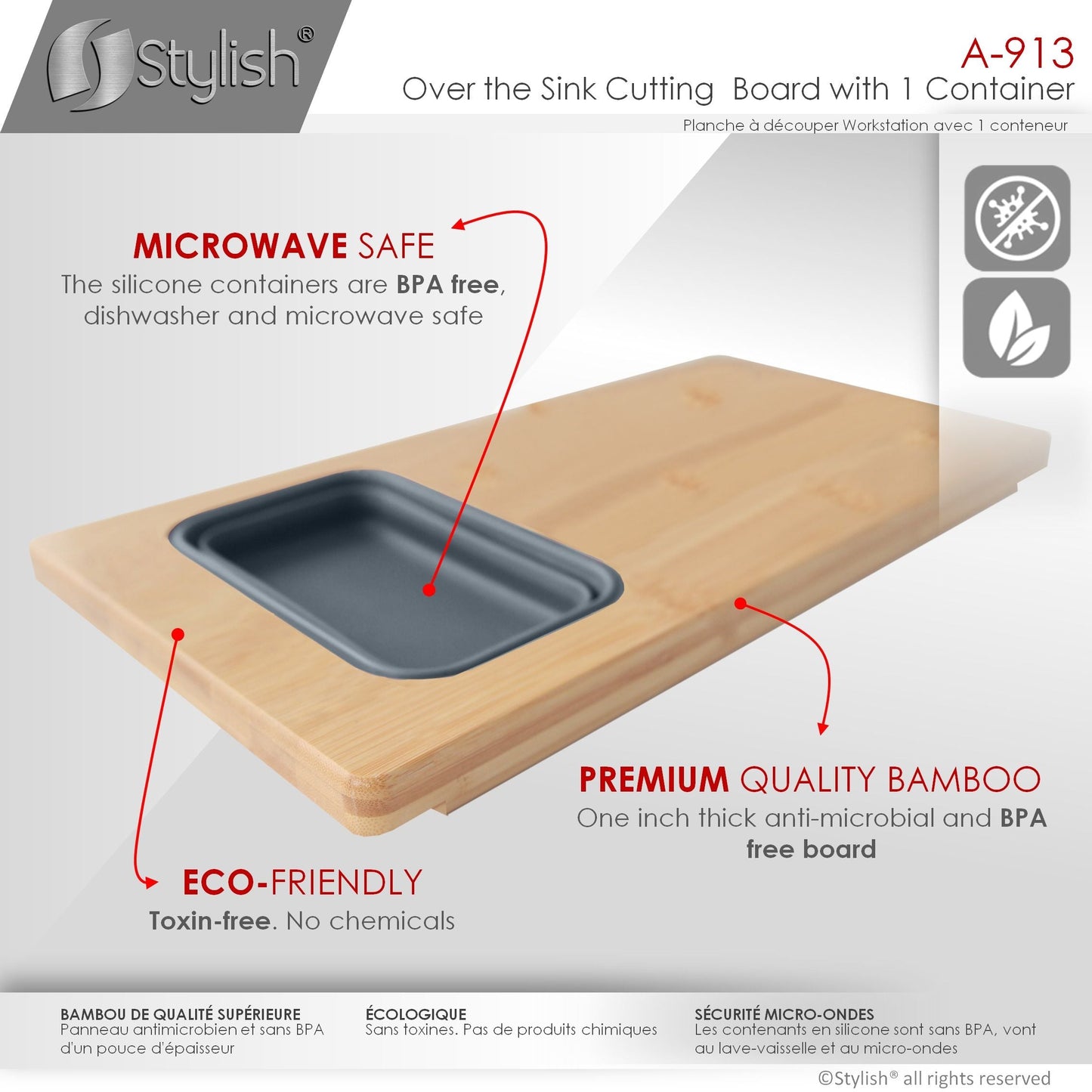 Stylish 18" Over The Sink Serving Board With 1 Container A-913