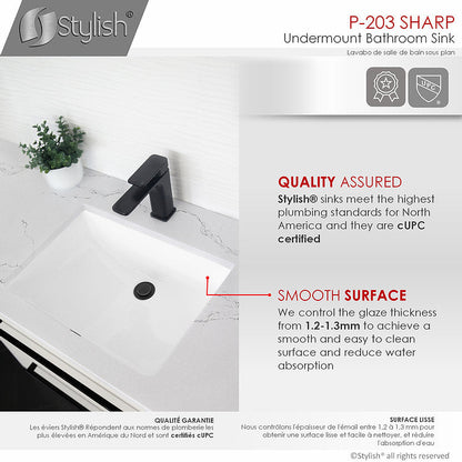 Stylish Sharp 21.25" x 14.5" Rectangular Undermount Bathroom Sink with Overflow Polished Chrome P-203