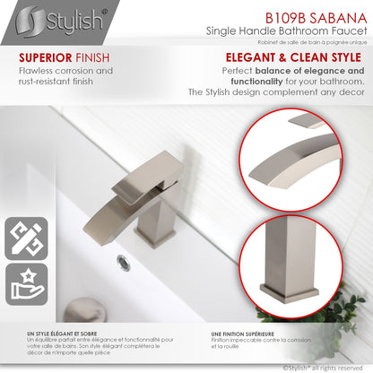 Stylish Sabana 7" Single Handle Bathroom Faucet for Single Hole Brass Basin Mixer Tap, Brushed Nickel Finish B-109B