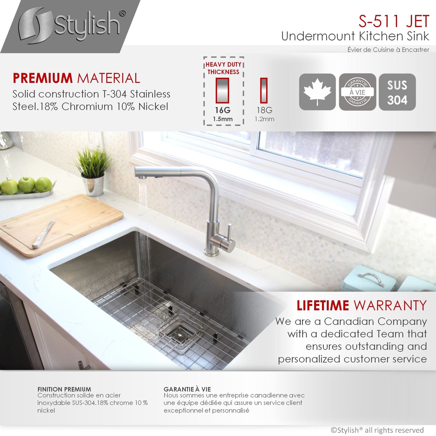 Stylish Jet 30" x 18" Single Bowl Stainless Steel Kitchen Sink with Square Strainer S-511XG