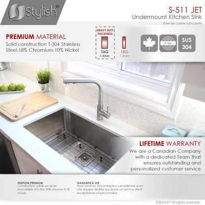 Stylish Jet 30" x 18" Single Bowl Stainless Steel Kitchen Sink with Square Strainer S-511XG