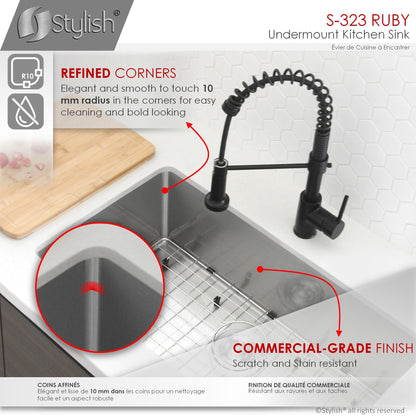 Stylish Ruby 32" x 18" Single Bowl Kitchen Sink, 16 Gauge Stainless Steel with Grid and Basket Strainer, S-323XG