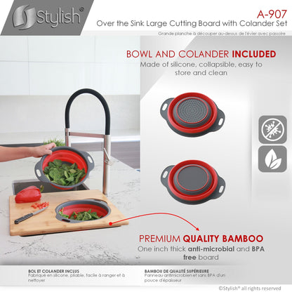 Stylish 16" Over The Sink Large Cutting Board With Colander Set A-907