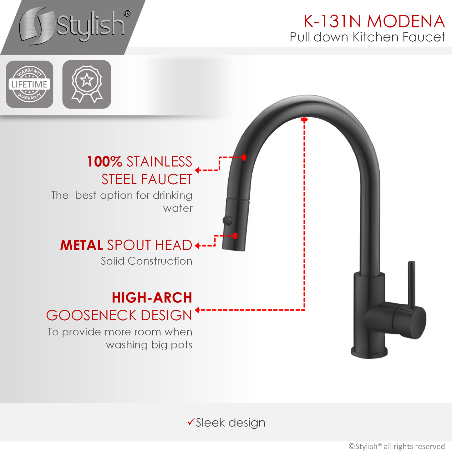Stylish Modena 14" Kitchen Faucet Single Handle Pull Down Dual Mode Stainless Steel Matte Black Finish K-131N